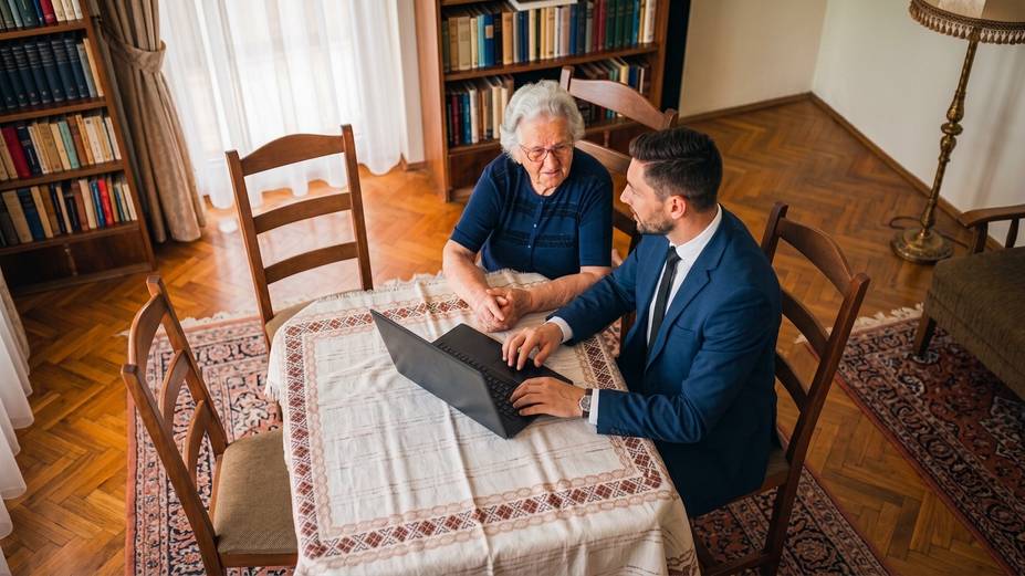 Advogado explicando o processo em um notebook a uma cliente idosa